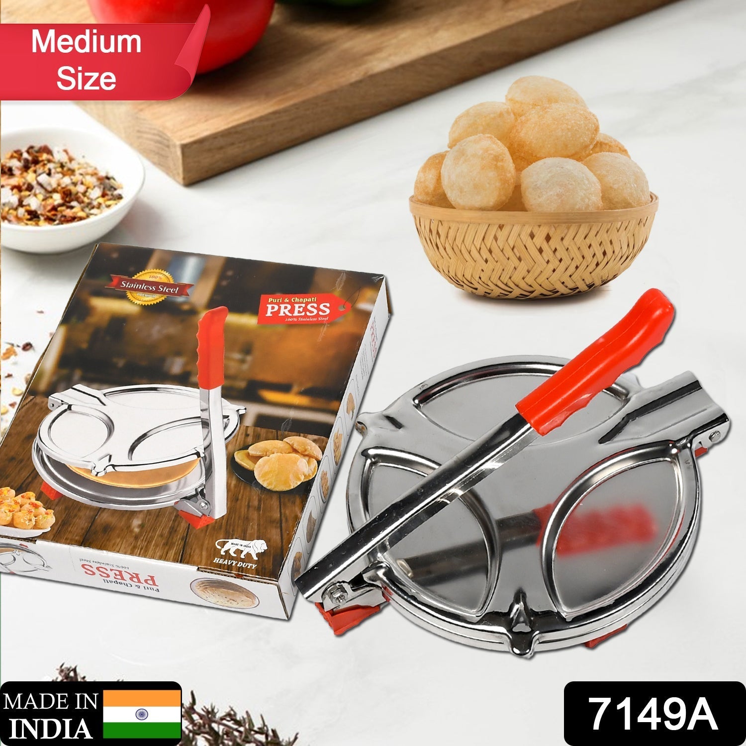 7149A PURI PRESS MAKER - STAINLESS STEEL PURI MAKER PRESS MACHINE - ROTI CHAPATI PRESSER FOR HOME - PAPAD-KHAKHRA- PURI MAKER PRESS MACHINE WITH HANDLE, MANUAL PURI MAKER (MEDIUM) 7149A PURI PRESS MAKER - STAINLESS STEEL PURI MAKER PRESS MACHINE - ROTI CHAPATI PRESSER FOR HOME - PAPAD-KHAKHRA- PURI MAKER PRESS MACHINE WITH HANDLE, MANUAL PURI MAKER (MEDIUM)